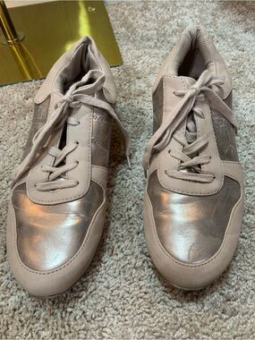 SO Women's Metallic Beige and Champagne Lace-Up Sneakers
